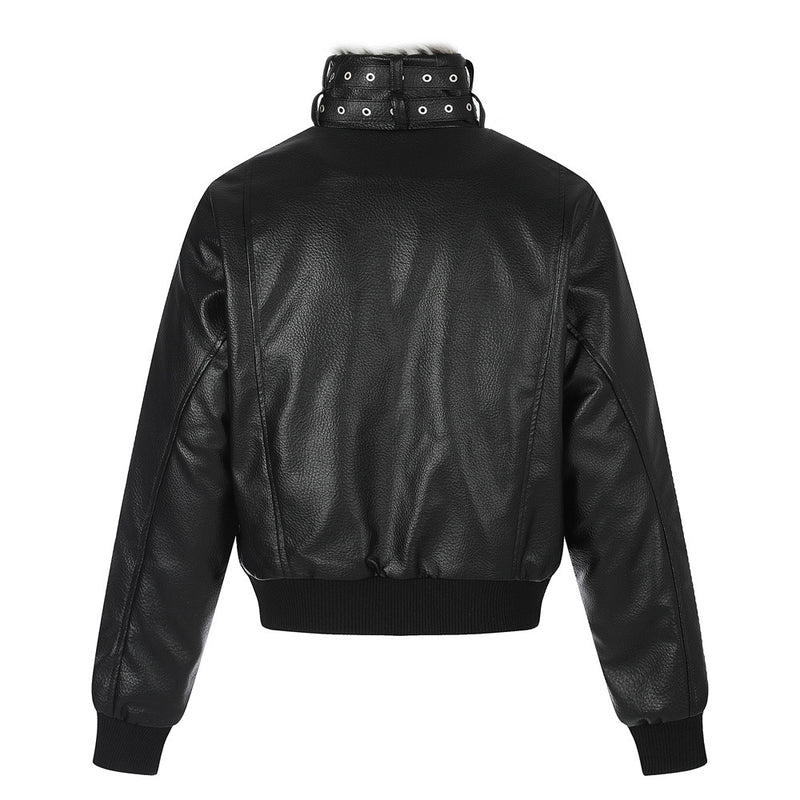 PU Leather Bomber Jacket with Faux Fur Collar & Buckle Strap Stand Neck
