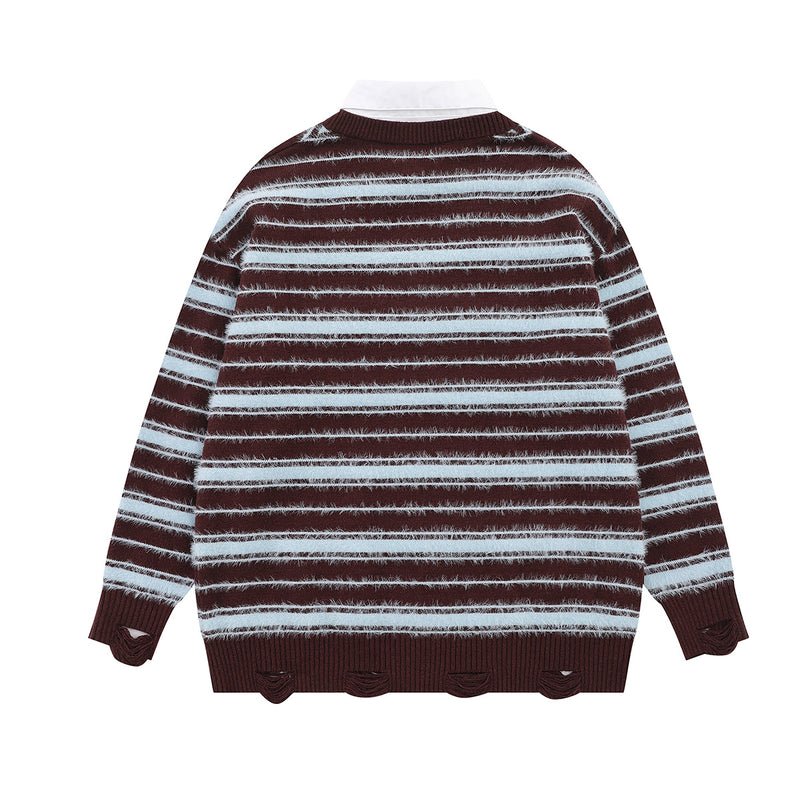 Striped Knit Sweater with Layered Shirt Collar and Tie Detail, Preppy Academy