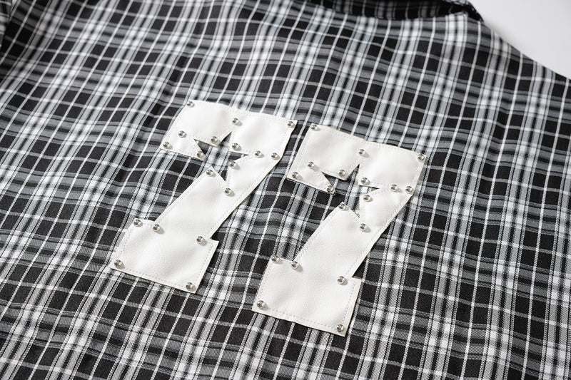 Designer Long Sleeve Shirt – Plaid Studded 'LUCK' Star Graphic, Relaxed Fit