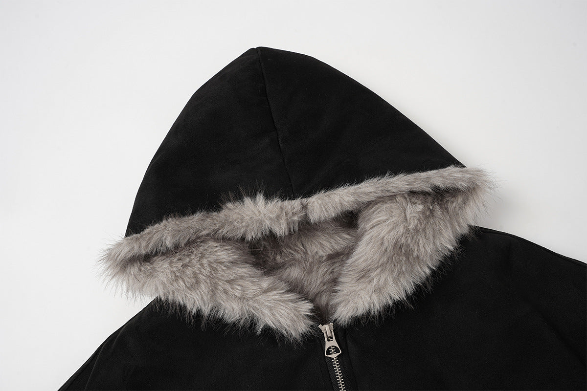 Bomber en suédine avec capuche en fausse fourrure – Manteau d’hiver oversize