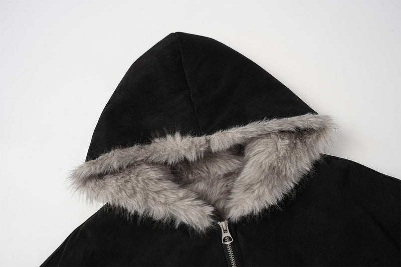 Bomber en suédine avec capuche en fausse fourrure – Manteau d’hiver oversize