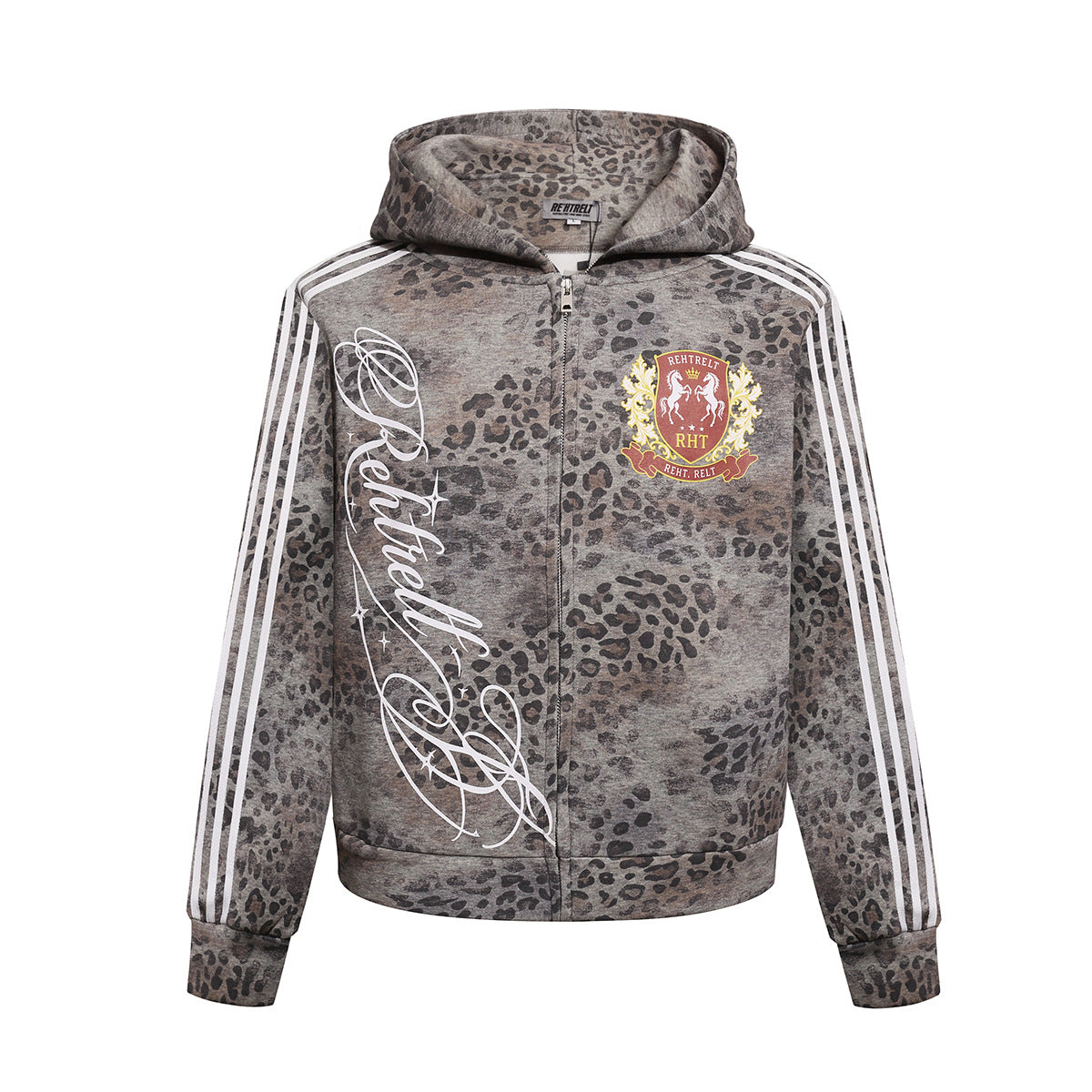 Zip-Hoodie mit grauem Leopardenprint, weißen Streifen an den Ärmeln und Wappenabzeichen auf der Brust, Vorder- und Rückansicht
