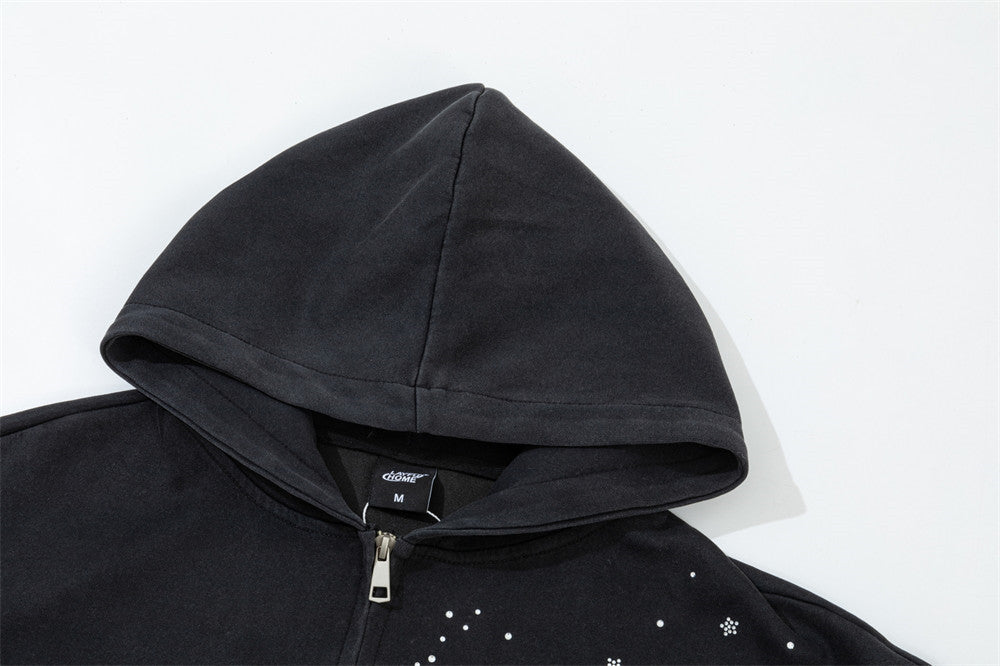 Sweat à capuche zippé avec étoile filante en strass – Streetwear oversize à double zip