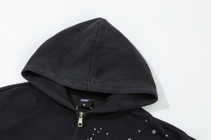 Sweat à capuche zippé avec étoile filante en strass – Streetwear oversize à double zip