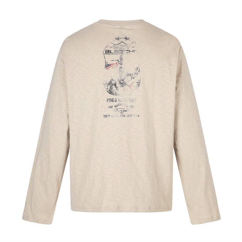 Back view of beige long sleeve tee with faded graphic print near the neck