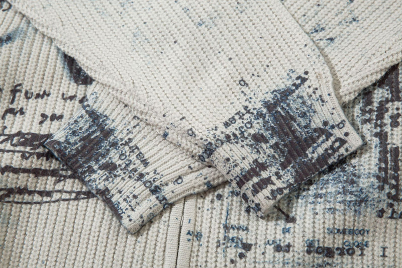 Veste pull zippée en maille imprimée ours graffiti – Col montant, éclaboussures d’encre, vintage