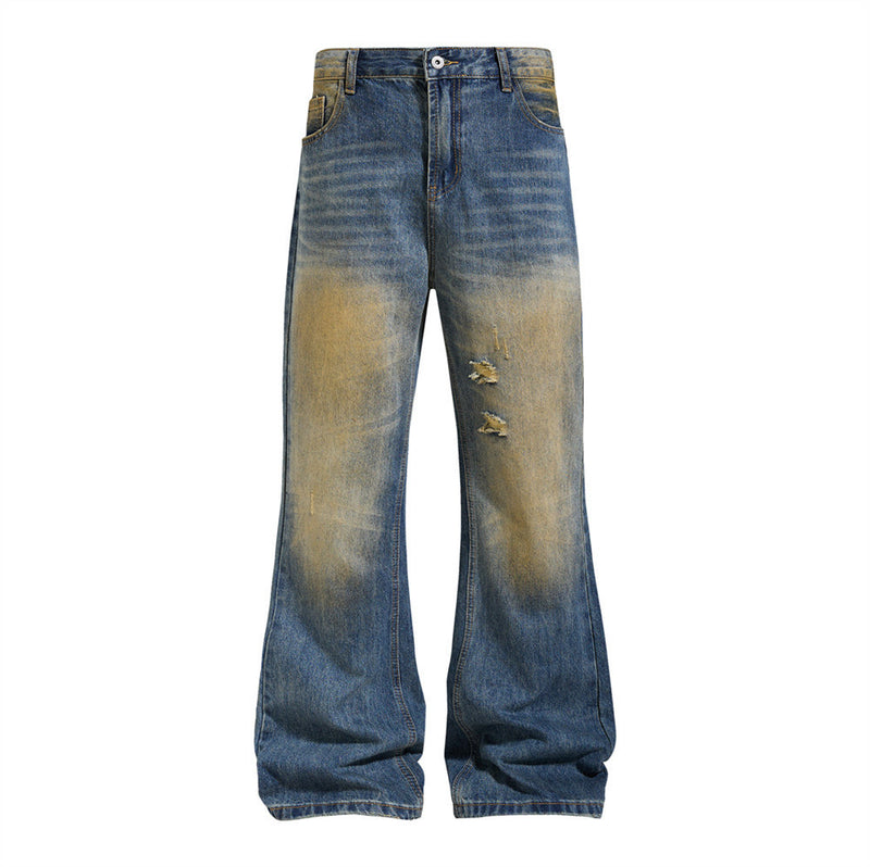 Men's Distressed Flare Jeans – Vintage Mud-Dye Wide Leg Denim
