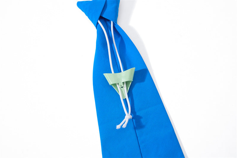 Blue tie back with white cord and mint green adjuster