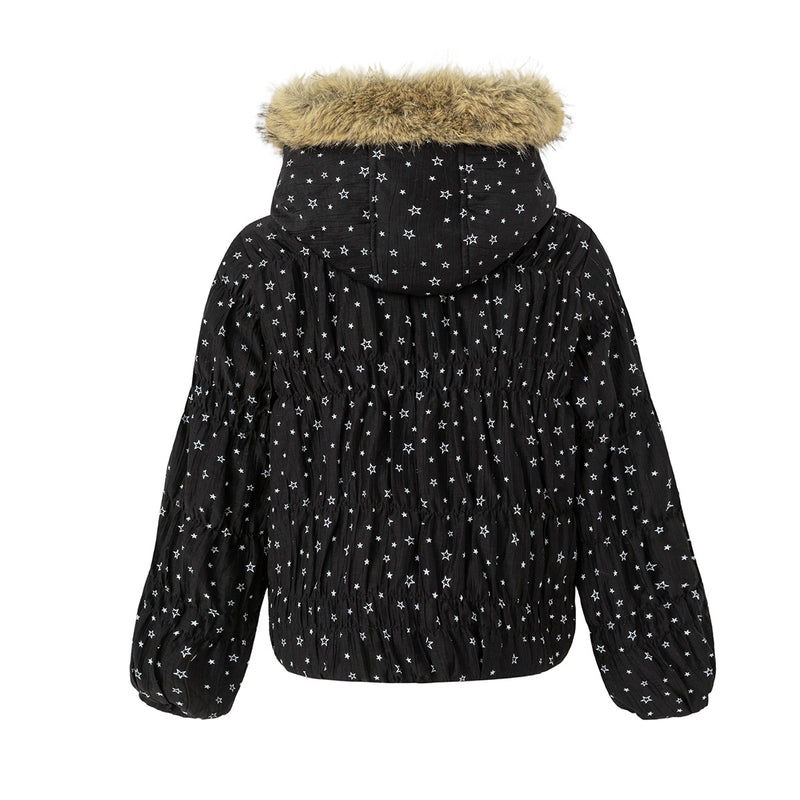 Puffer Jacket with Hood — Star Print Fur-Trim Hooded Cotton-Padded Jacket