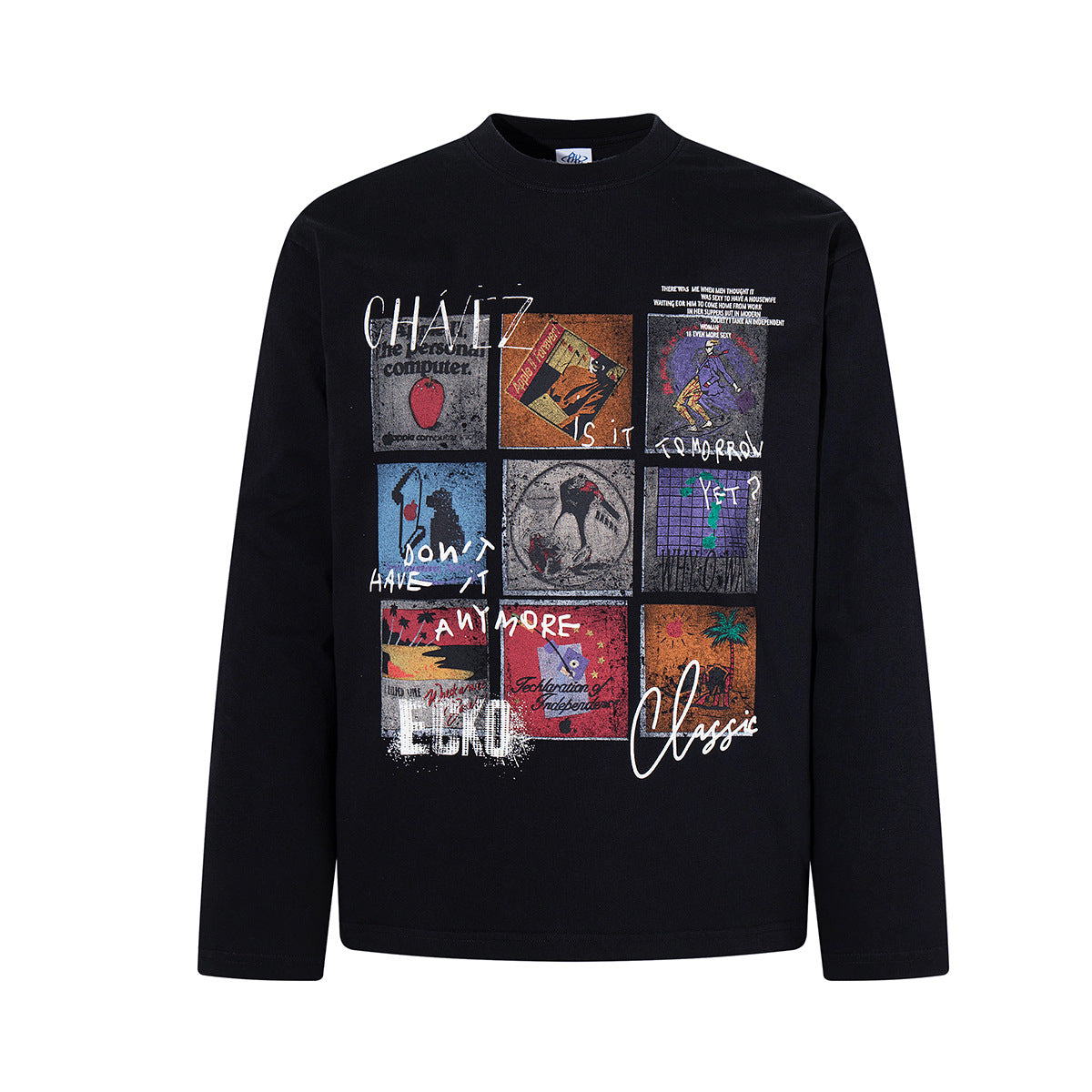 Oversized-Langarmshirt mit Retro-Collage-Print in Schwarz, Vorderansicht mit neunteiligem Vintage-Motiv und handgelettertem Slogan