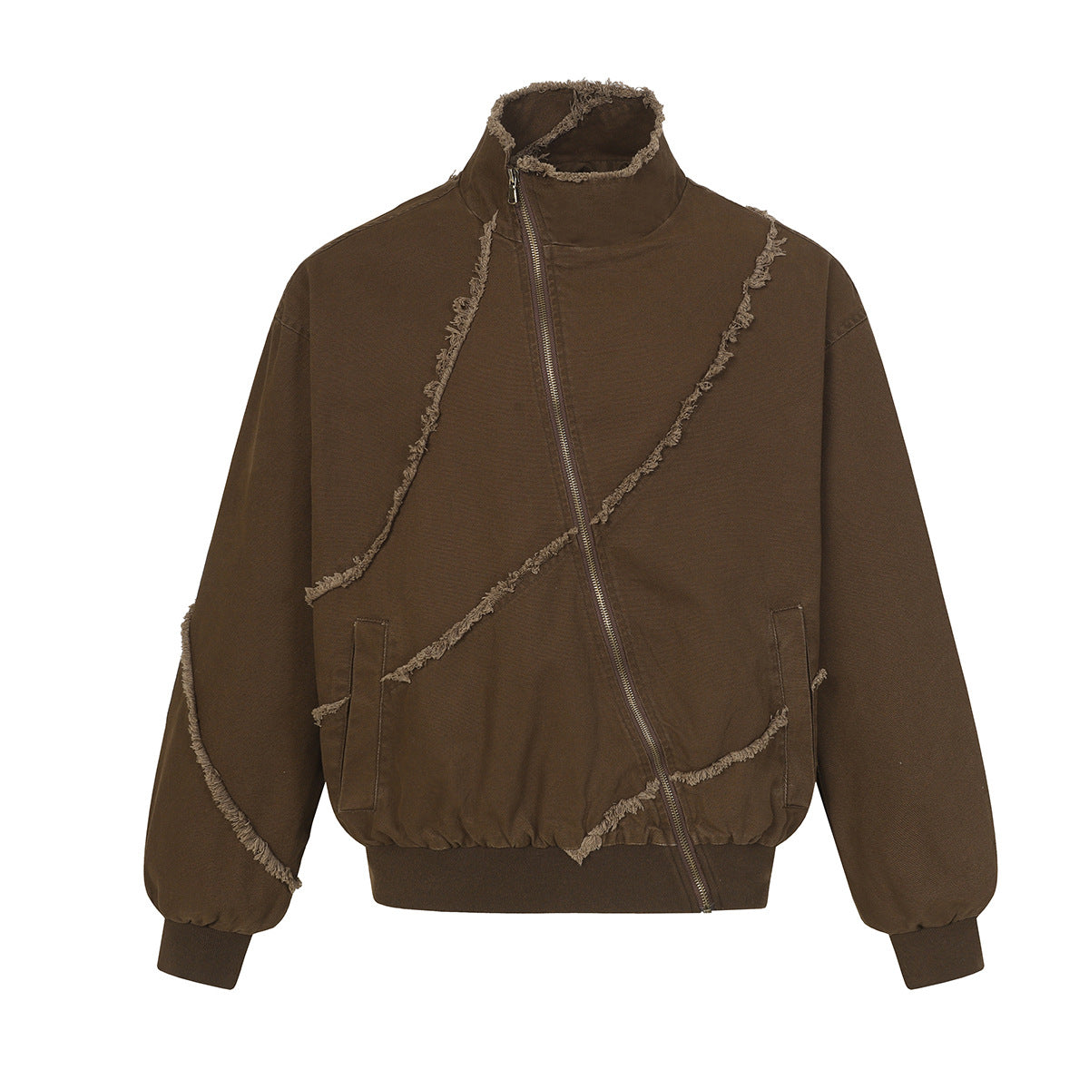 Chaqueta bomber deconstruida con costuras deshilachadas – Estilo universitario de algodón lavado
