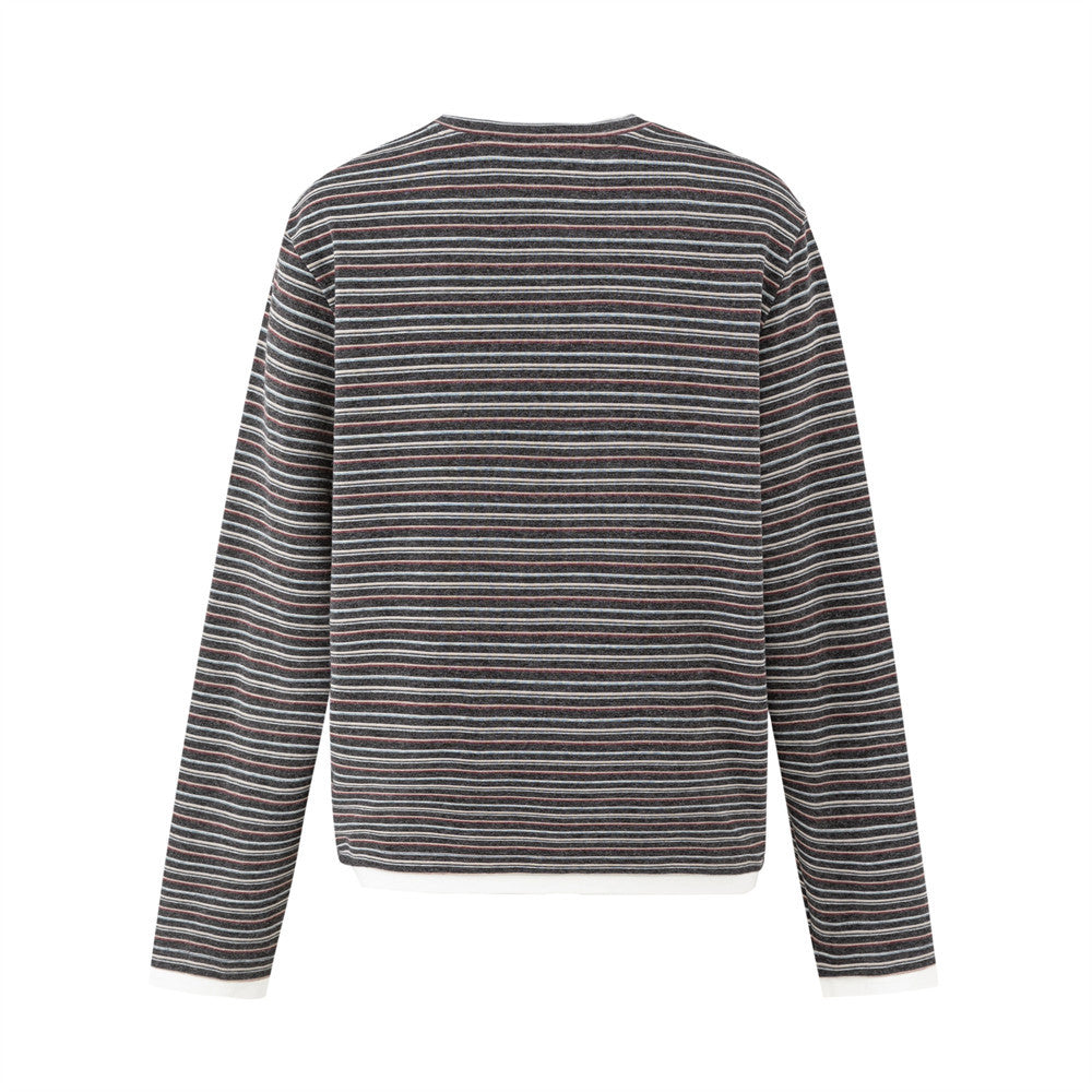 Loose Long Sleeve Striped Shirt – Faux Two-Piece Crewneck Top