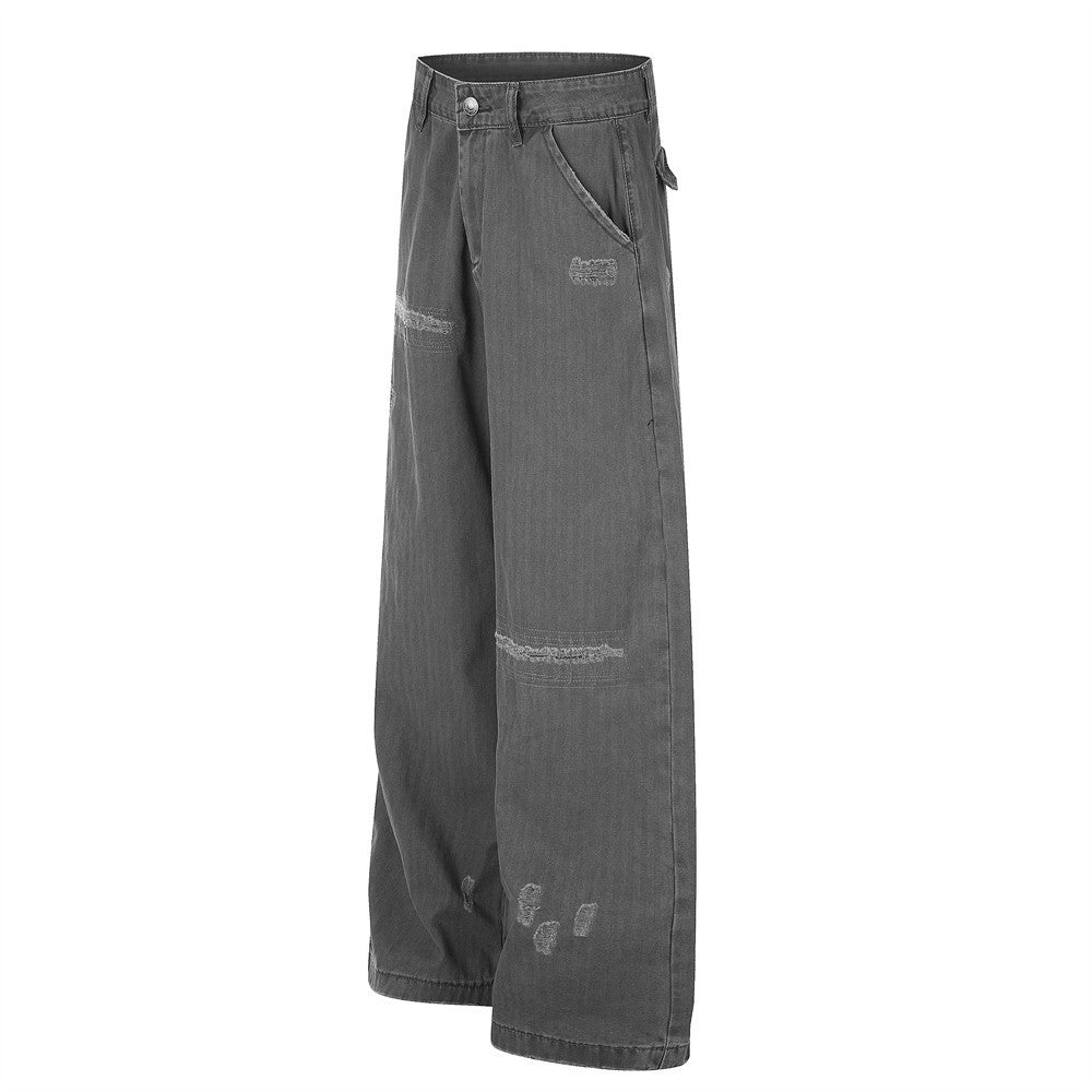 Jean large homme – Gris délavé vintage, coupe droite et déchirée