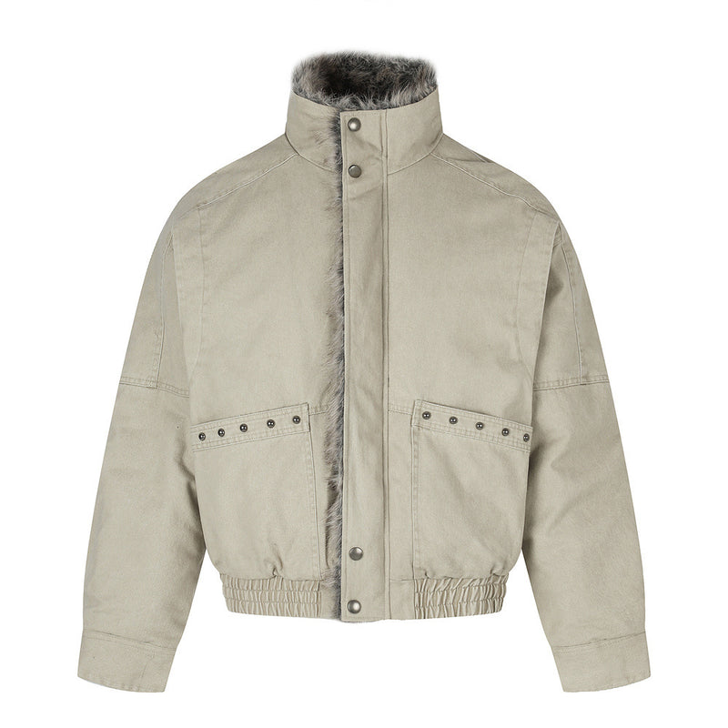 Men's Faux Fur-Lined Bomber Jacket – Studded Workwear Cotton Padded Coat