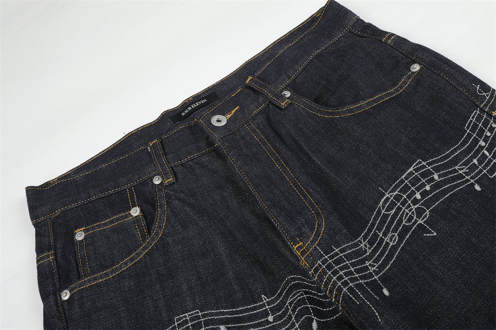 Wide-Leg Raw Denim Jeans with Music Note Embroidery