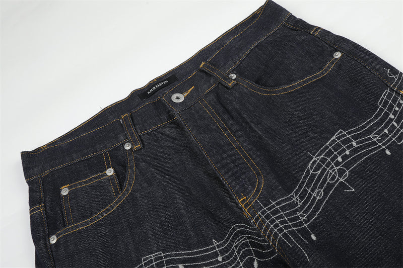 Wide-Leg Raw Denim Jeans with Music Note Embroidery