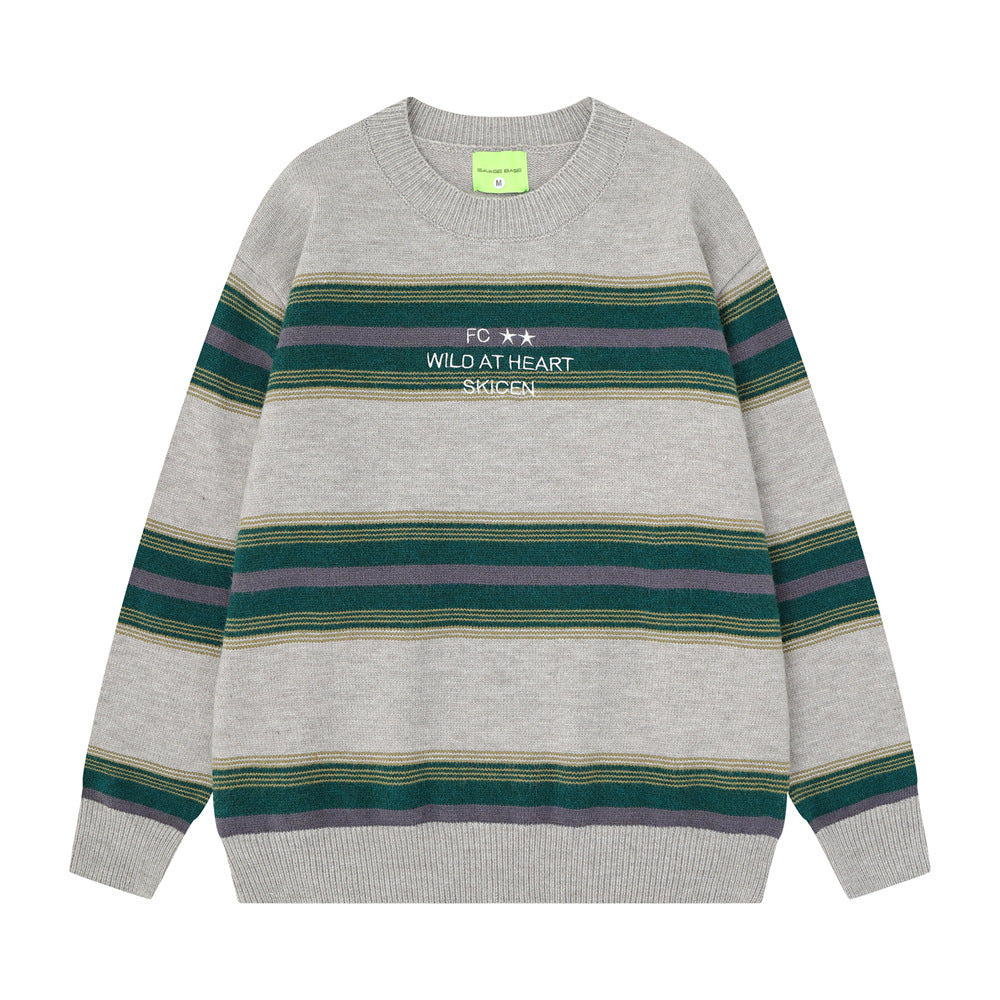 Striped Crew Neck Sweater – Relaxed Fit Color-Block Knit Pullover