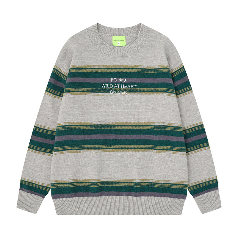 Striped Crew Neck Sweater – Relaxed Fit Color-Block Knit Pullover