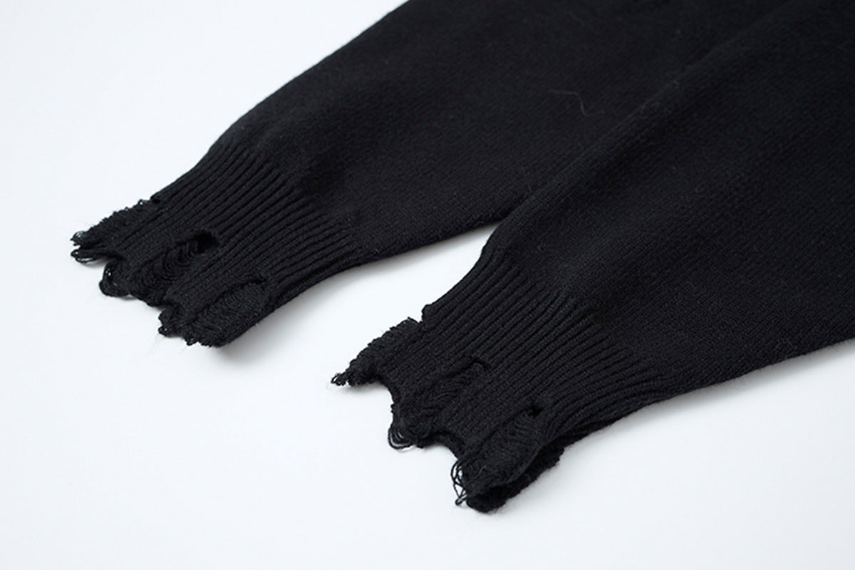 Crew Neck Knit Sweater Gothic Cross Distressed Hem Streetwear