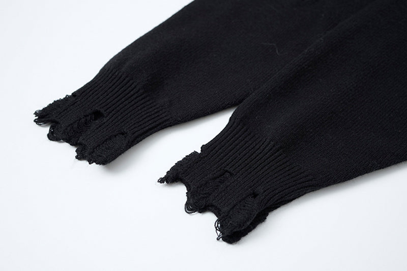 Crew Neck Knit Sweater Gothic Cross Distressed Hem Streetwear