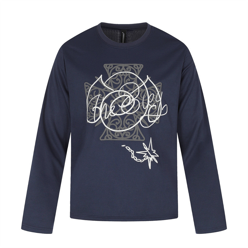 Front view of navy long sleeve crew neck tee with Celtic cross graphic print