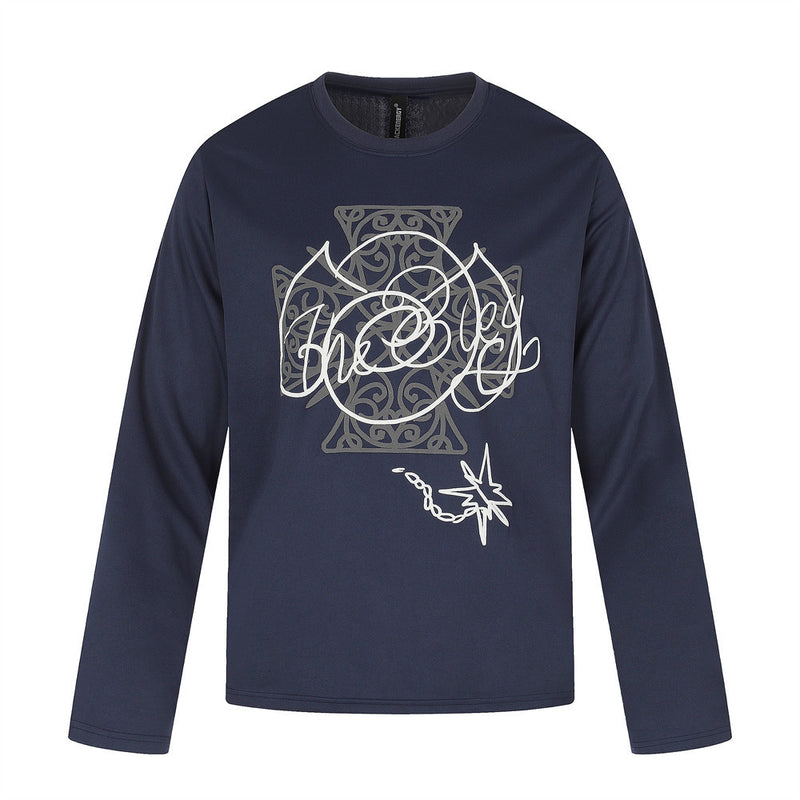 Front view of navy long sleeve crew neck tee with Celtic cross graphic print