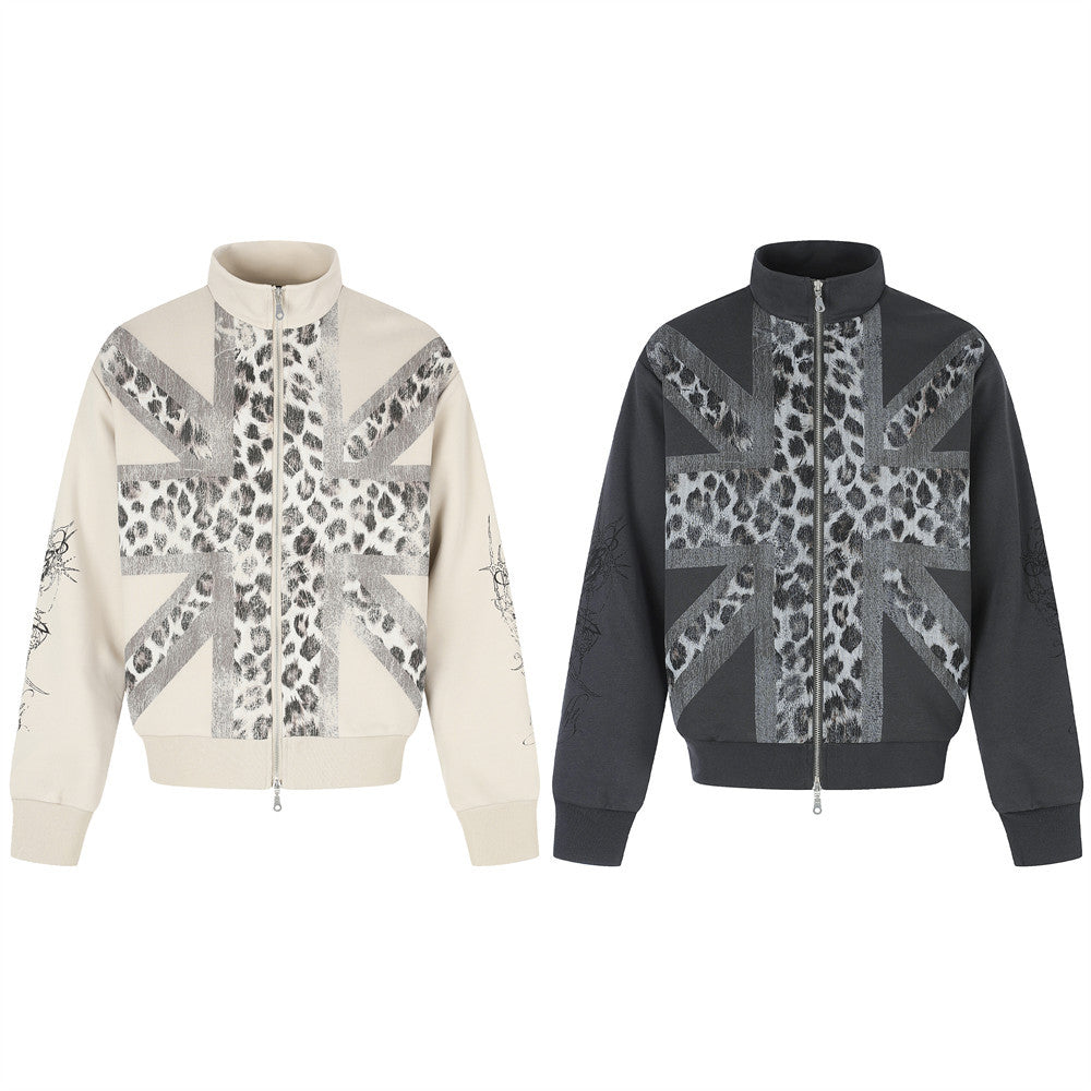 Union Jack Leopard Print Zip-Up Track Jacket – Oversized Fit