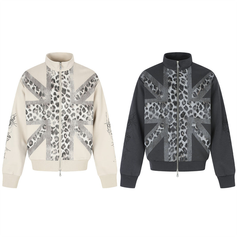 Union Jack Leopard Print Zip-Up Track Jacket – Oversized Fit