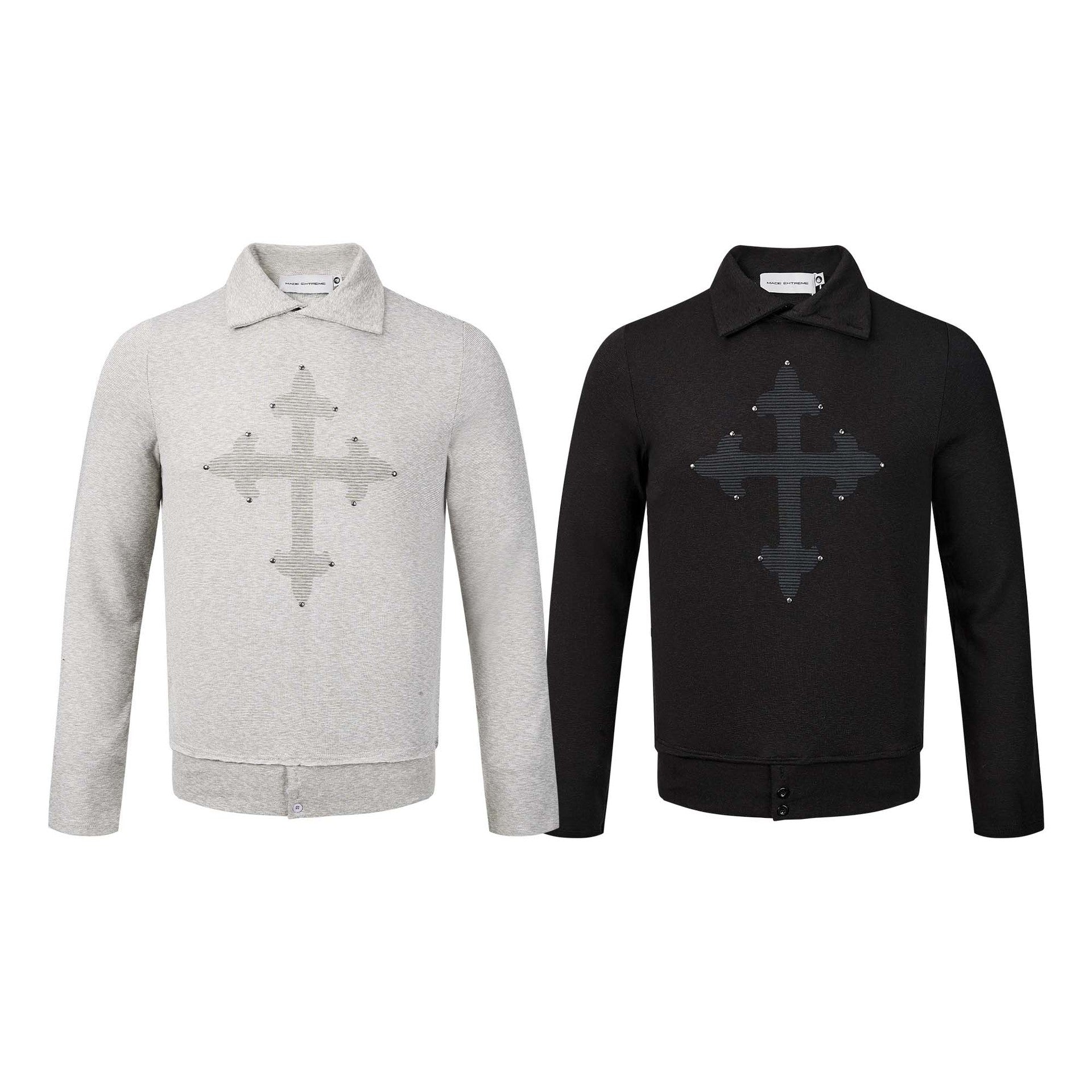 Polo manches longues avec écusson croix clouté – Haut streetwear vintage à ourlet brut