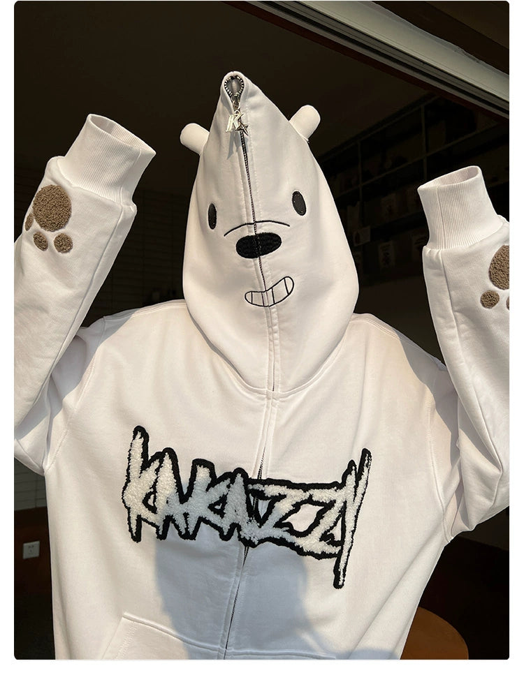 Cute White Bear Hoodie - 400GSM Polar Bear Design with Black Embroidery