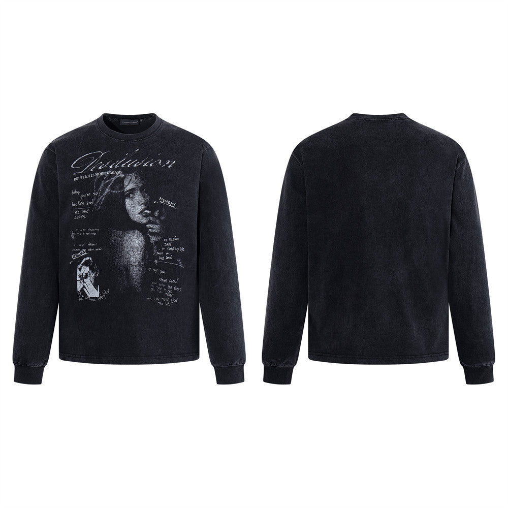 Punk Vintage Graphic Long Sleeve T-Shirt – Washed Black Oversized Crew Neck