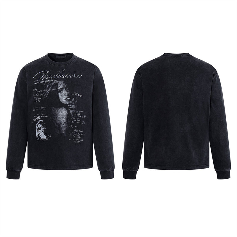Punk Vintage Graphic Long Sleeve T-Shirt – Washed Black Oversized Crew Neck