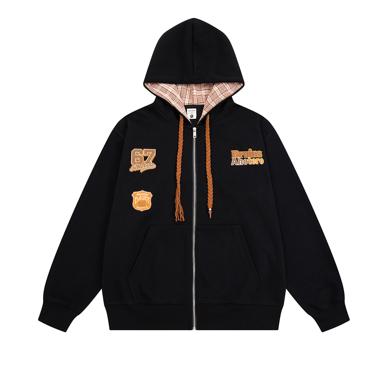Varsity Patch Zip-Up Hoodie with Plaid-Lined Hood – Retro American Style