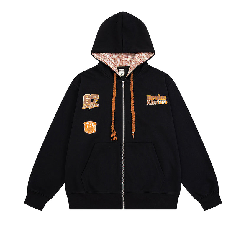 Varsity Patch Zip-Up Hoodie with Plaid-Lined Hood – Retro American Style