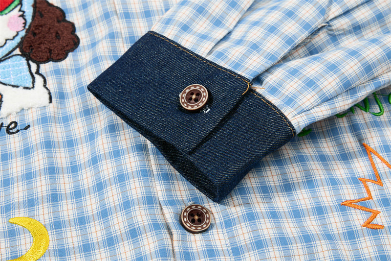 Chemise homme boutonnée à manches longues – Carreaux et empiècements en jean brodés cartoon