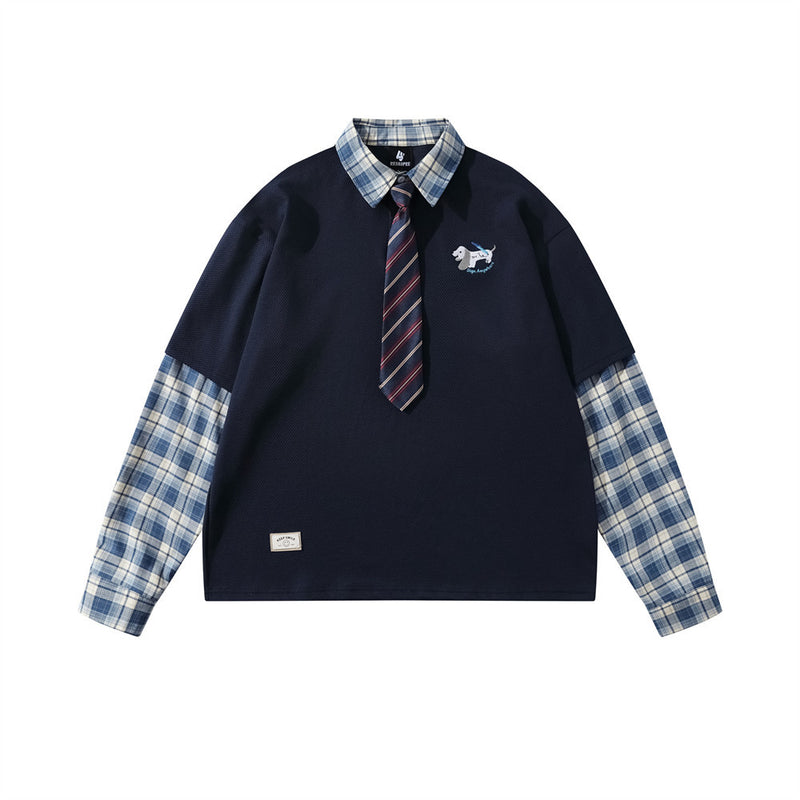 Plaid Patchwork Pullover Sweatshirt with Detachable Tie – Preppy College Style