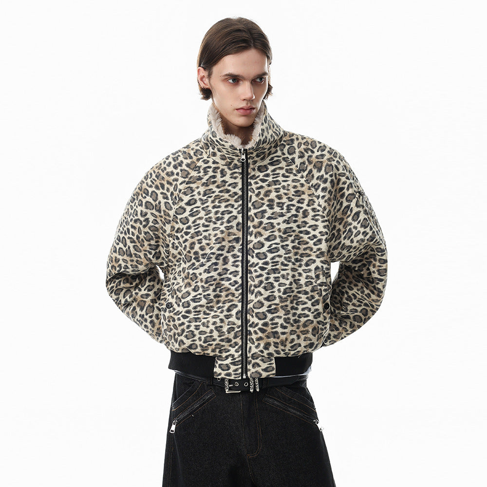 Reversible Faux Fur Leopard Print Bomber Jacket – Men's Oversized Stand Collar