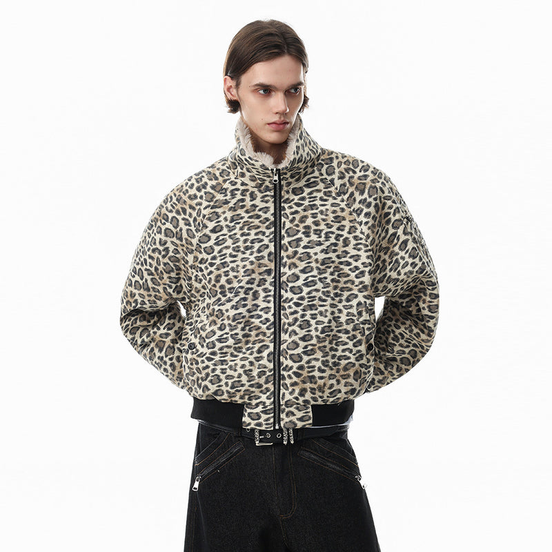 Reversible Faux Fur Leopard Print Bomber Jacket – Men's Oversized Stand Collar