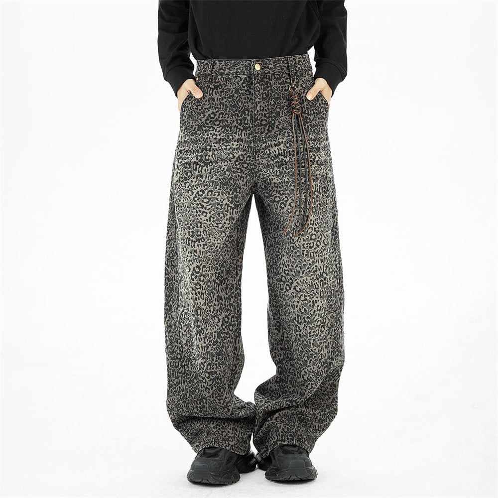 Men's grey leopard print wide-leg baggy jeans with vintage wash and braided chain detail, front and back view