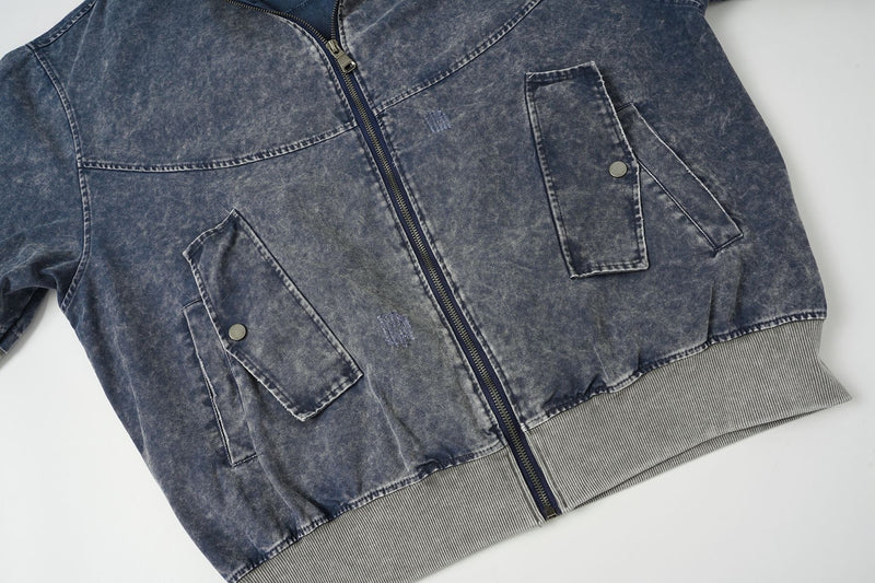 Chaqueta bomber con capucha y lavado ácido en dos tonos – Efecto falso conjunto oversize