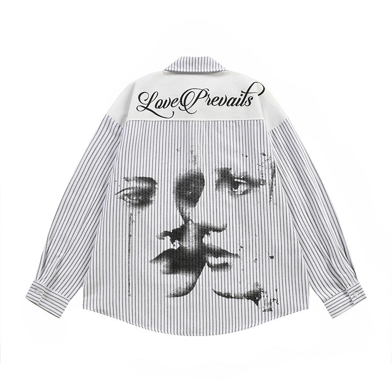 Vertical Stripe Oversized Long Sleeve Shirt with Dark Face Graphic Print