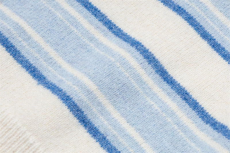 Striped Polo Collar Knit Sweater – Blue & White Horizontal Stripe Pullover