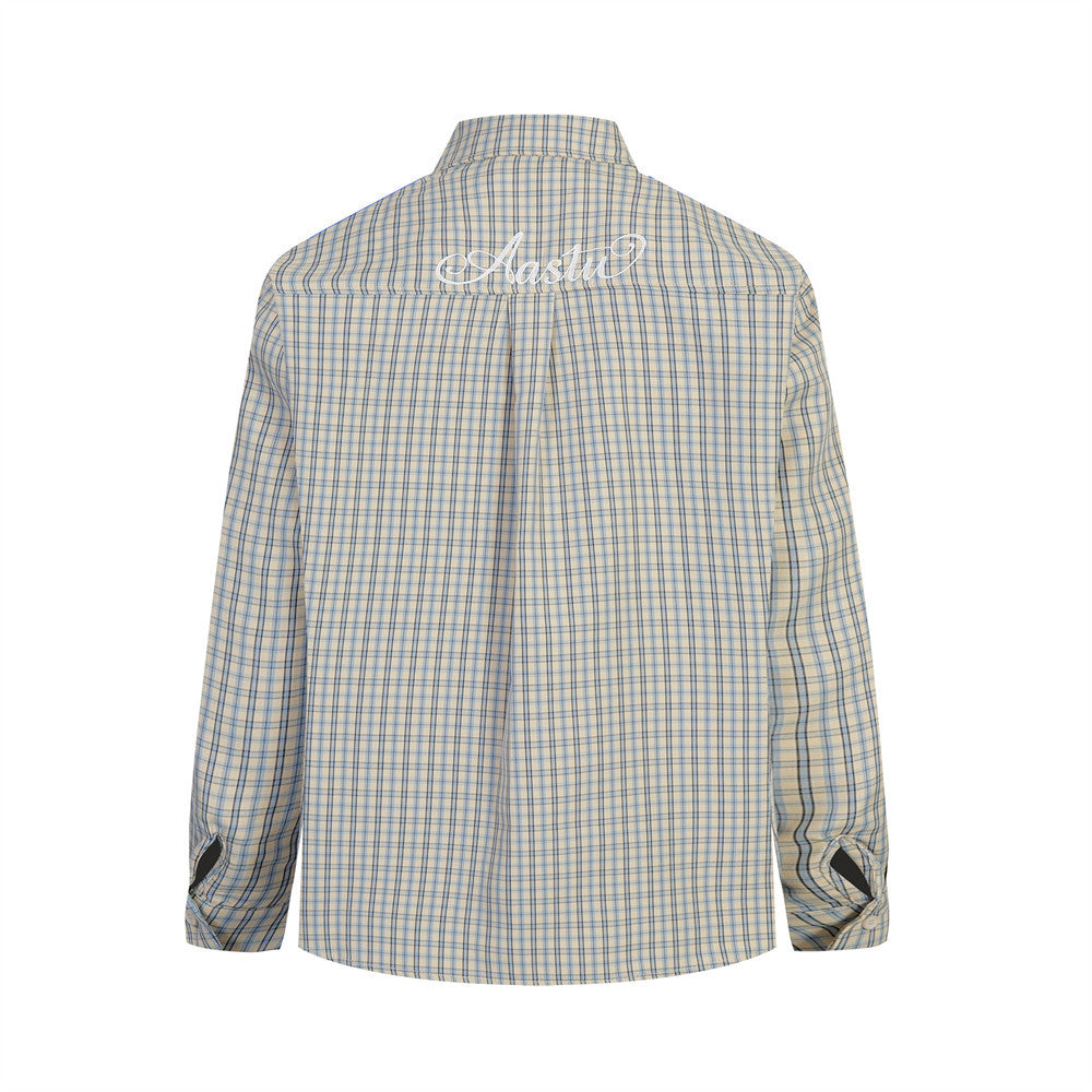 Men's Oversized Plaid Long-Sleeve Button-Up Shirt with Embroidered Chest Pocket