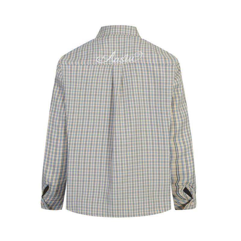 Men's Oversized Plaid Long-Sleeve Button-Up Shirt with Embroidered Chest Pocket