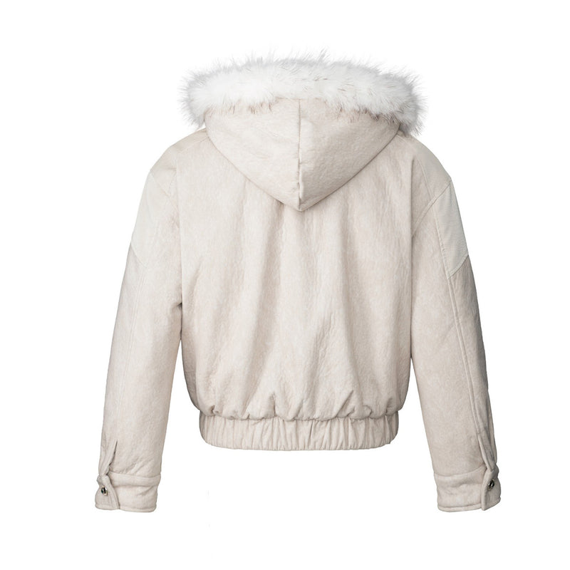 Faux Fur Trim Hooded Bomber Jacket – Textured Fleece with PU Leather Panels