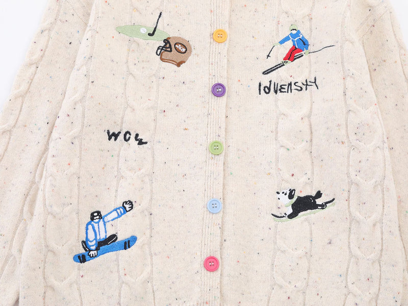 Cable Knit Cardigan Sweater with Cartoon Sport Embroidery & Colorful Buttons