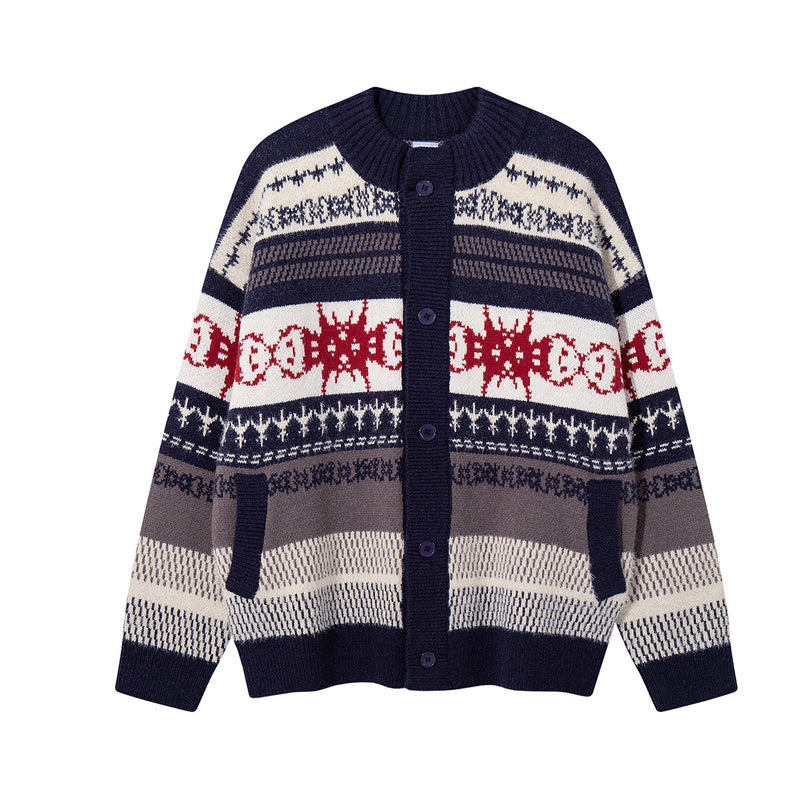 Fair Isle Jacquard Knit Cardigan Sweater – Retro Korean-Style Button-Up