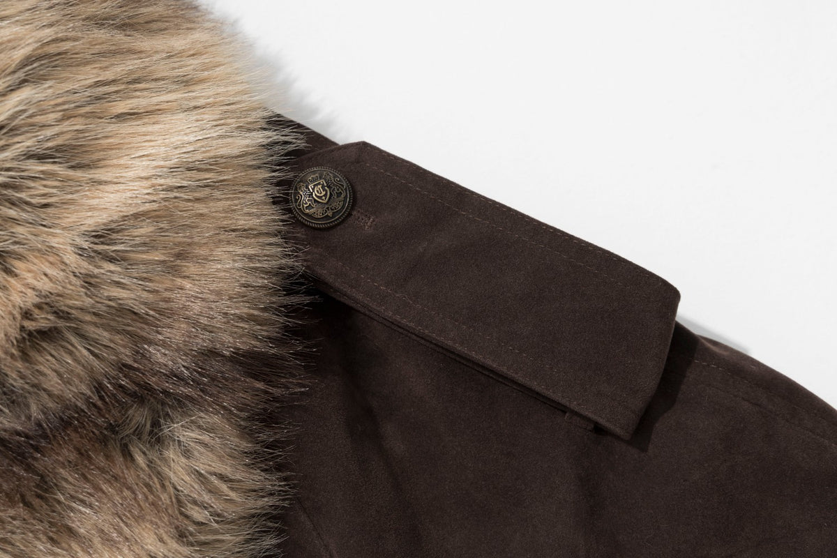 Double-Breasted Faux Fur Collar Padded Jacket in Dark Brown