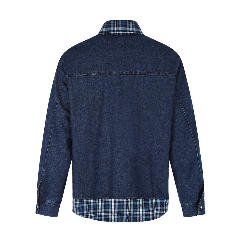 Long Sleeve Oversized Shirt – Denim & Plaid Splice Faux Two-Piece Design