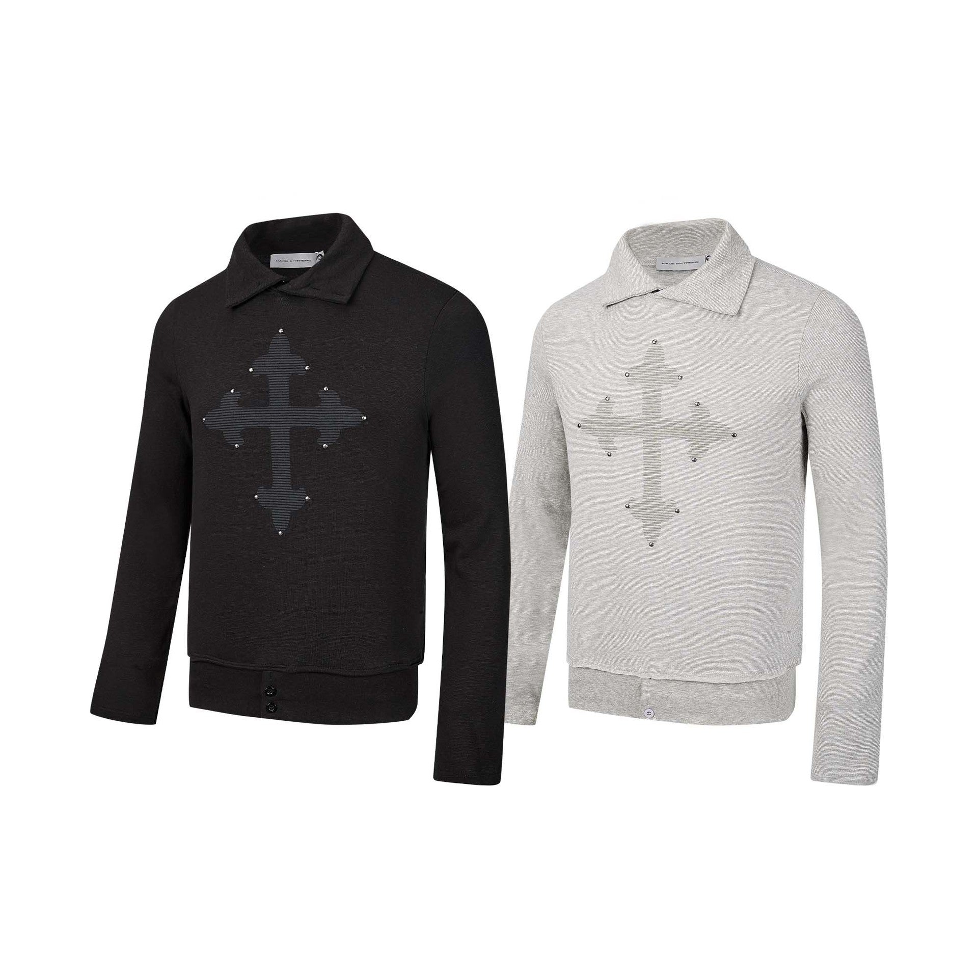 Polo manches longues avec écusson croix clouté – Haut streetwear vintage à ourlet brut